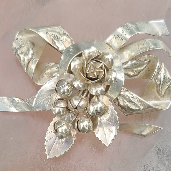Vintage Signed Hobe Sterling Silver Floral Bow 1940's Brooch - Picture 3 of 7